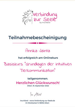 Zertifikat – Tierkommunikation Basiskurs