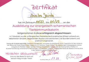 Zertifikat – Energetisch-schamanische Tierkommunikation